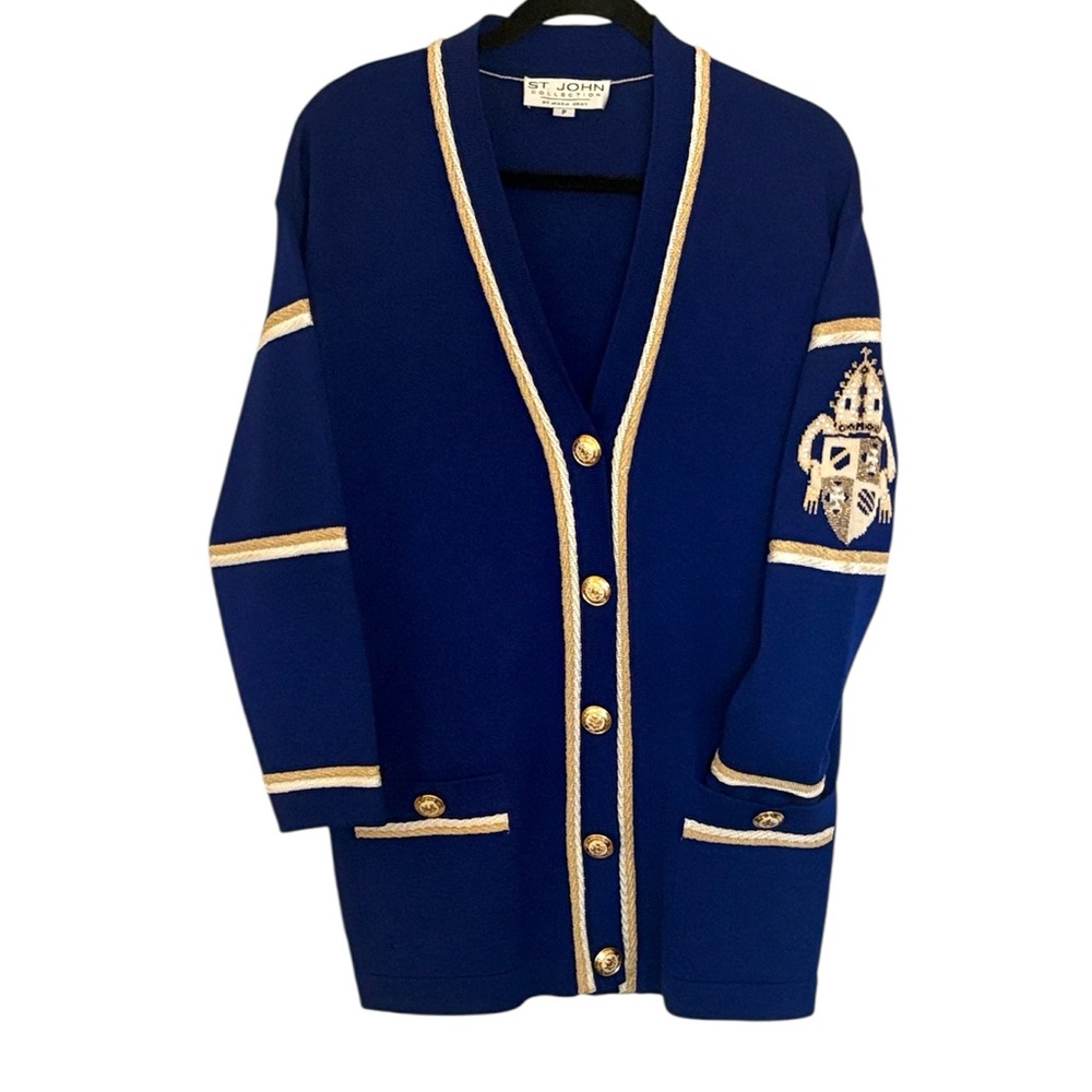 RARE ST JOHN COLLECTION Coat of Arms Crest Logo Cardigan Sweater M/L “FLAWED”